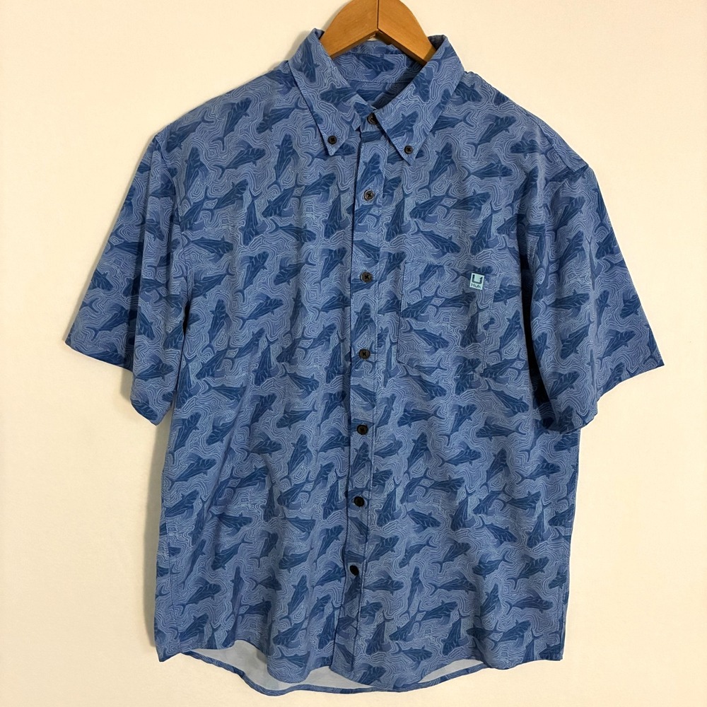 Huk Fishing Shirt Mens M Button Down Short Sleeve Camp Tropical Fish Hawaiian